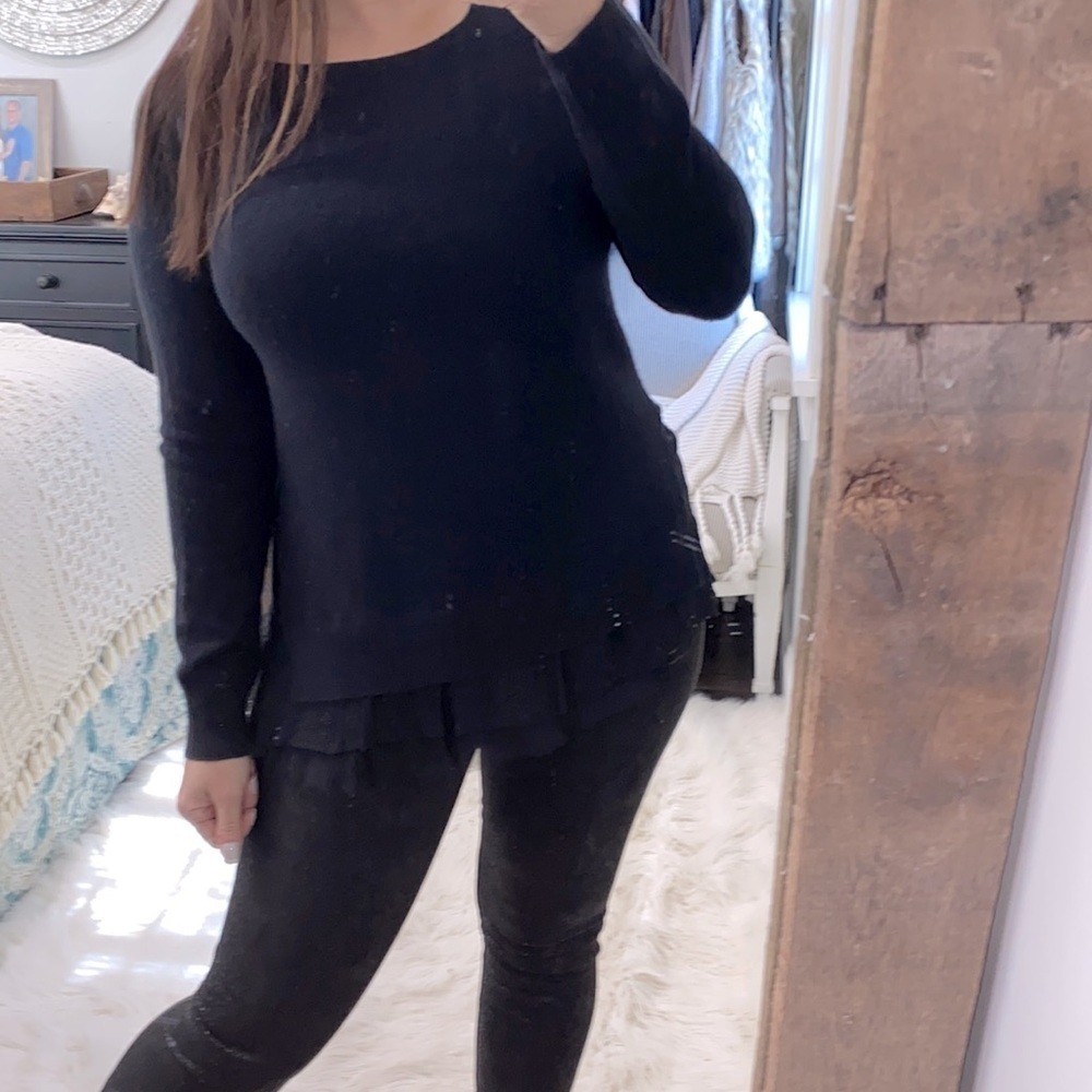 Garnet Hill size small black cashmere sweater with lace embroidered hem